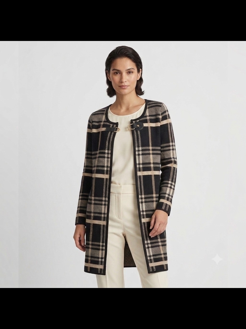 Anne Klein Black and Cream Plaid Longline Coatigan